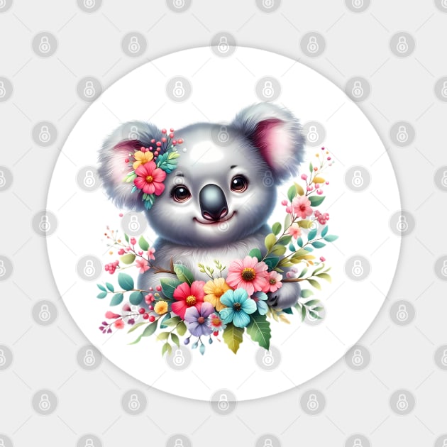 A baby koala bear decorated with beautiful colorful flowers. Magnet by CreativeSparkzz